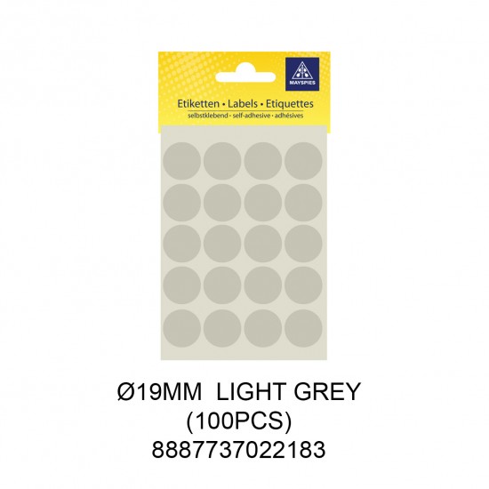 MAYSPIES MS019 COLOUR DOT LABEL / 5 SHEETS/PKT / 100PCS / ROUND 19MM LIGHT GREY
